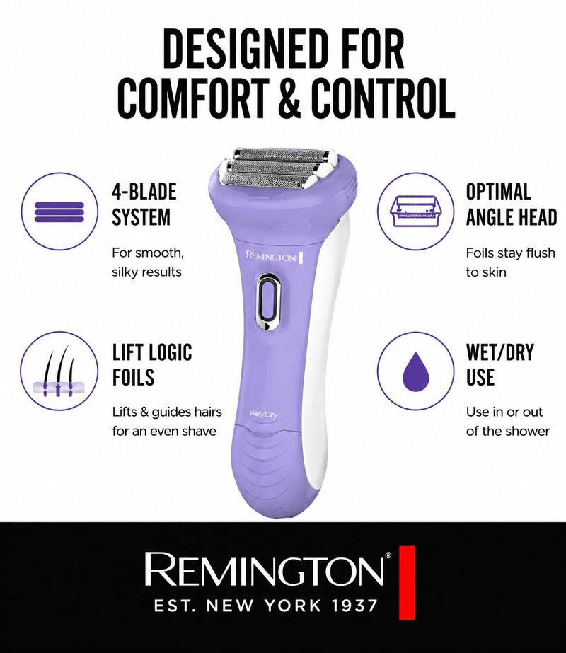 Remington Smooth & Silky Electric Shaver for Women, 4-Blade Smooth Glide Foil Shaver and Bikini Trimmer with Almond Oil Strip, Shave Wet or Dry