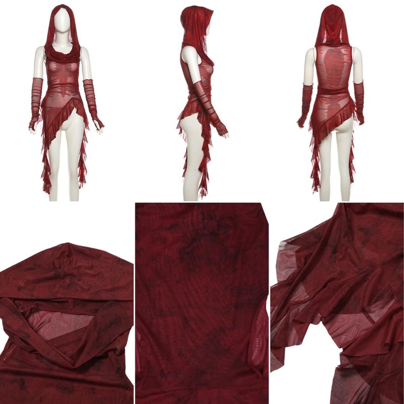 Women Gothic Mesh See Through Hooded Tops Y2K Irregular Hem Ruffles Hoodie Blouse with Cuffs Red