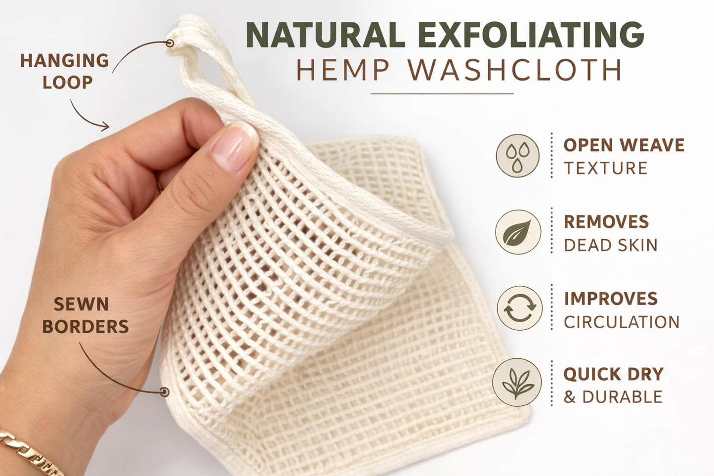 URBLUX Hemp Exfoliating Washcloths (3 Pack), Dual-Sided Body & Face Scrub Cloth, Natural Bath Cloth, Loofah Alternative, Fast Drying, 12x12 Inch
