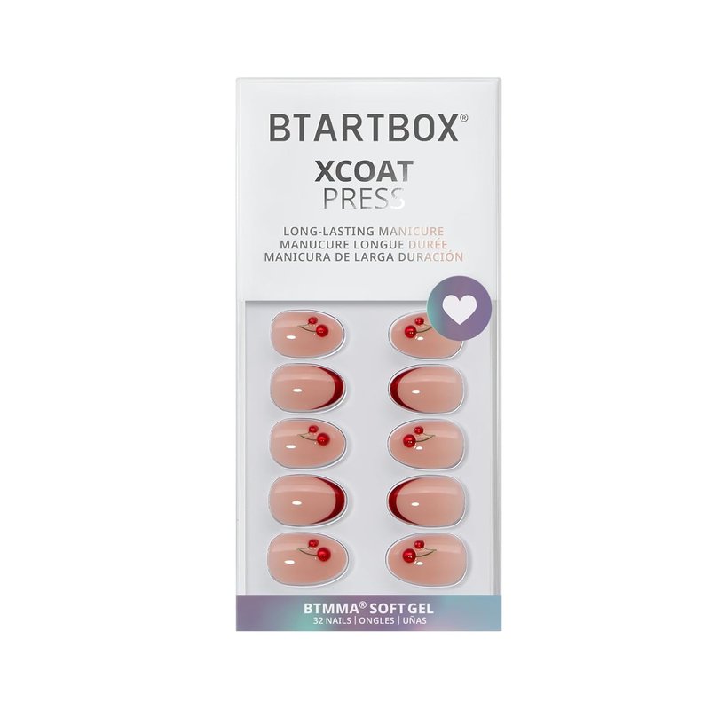 BTArtbox French Tip Press On Nails - Cherry Charm | Extra Short Red Almond Design, 16 Sizes, Includes Glue & Adhesive Tabs