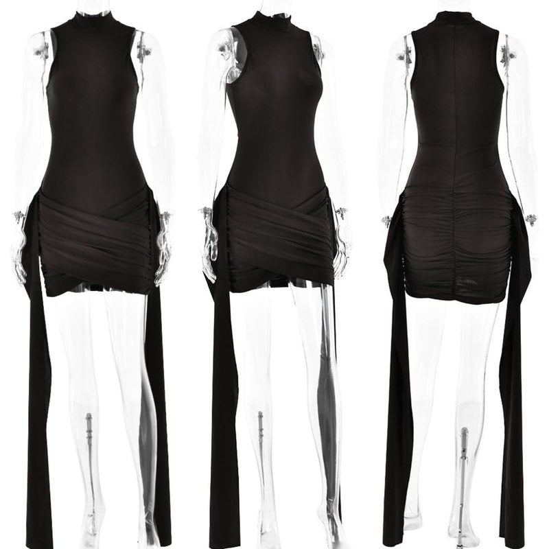 Suillty Women's Sexy Turtleneck Sleeveless Mini Dress Bodycon Ribbon Ruched Bandage Tank Dress for Party Club Brown