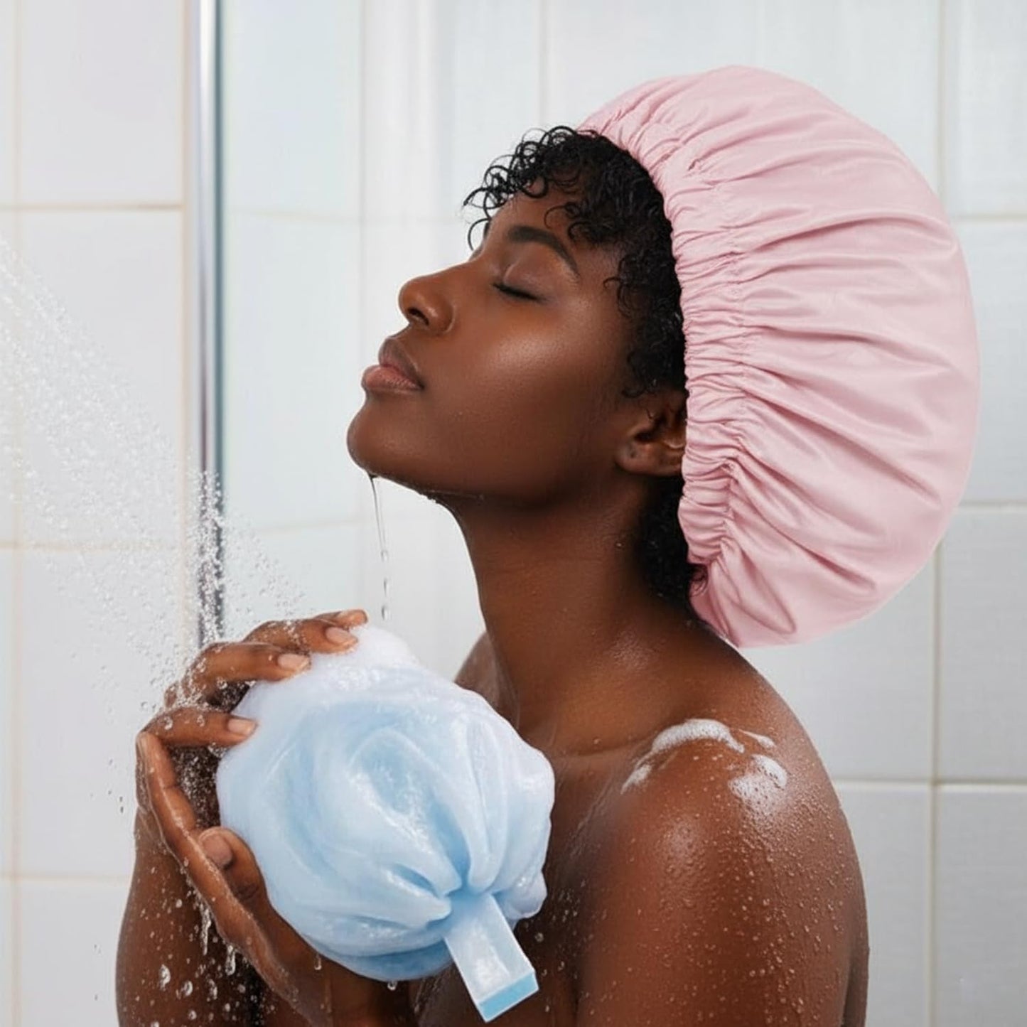 Shower Caps For Women Reusable Waterproof Double Layer Designed Large Shower Bonnet for Long Hair Washable Elastic Band Bath Reusable Pink Shower Caps Protects Hair In Shower, Spa & Travel