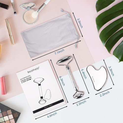 Face Roller & Gua Sha, Stainless Steel Facial Roller and Gua Sha Tool for Face, Skin Care, Anti-Aging, and Lifting