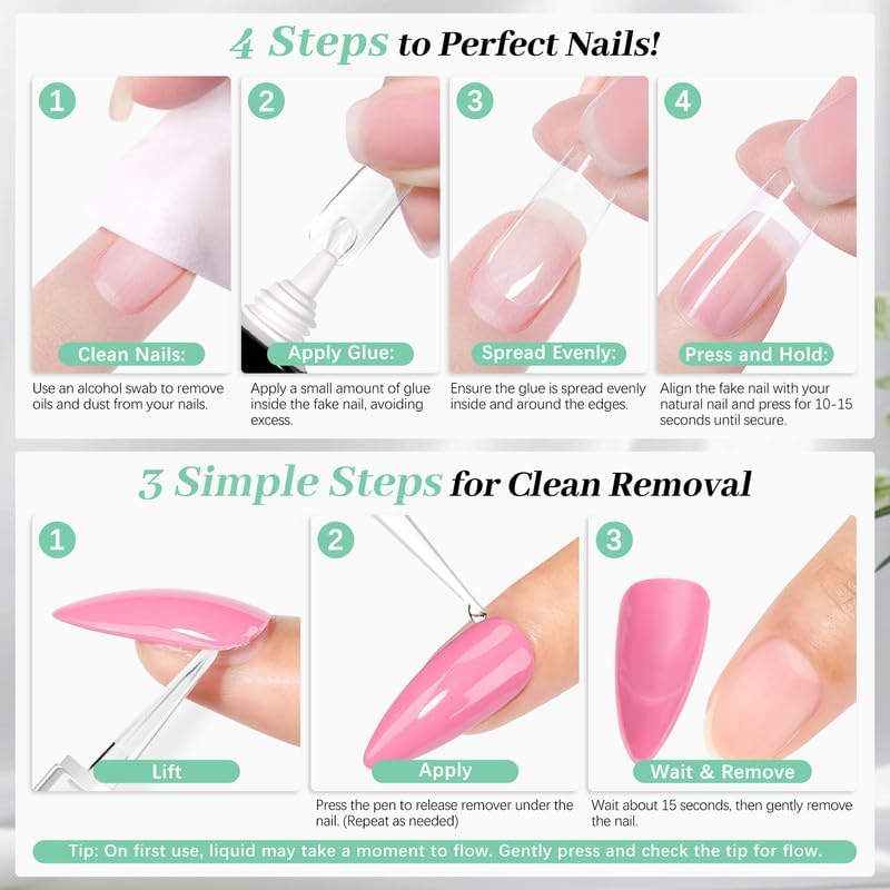 Nail Glue for Press Ons - 10g Quick Drying Semi-Solid Formula | 5ml Remover Pen Set for Easy Application & Gentle Removal