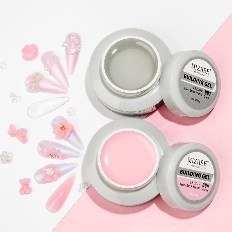 MIZHSE Non-Sticky Solid Builder Gel For Nails, 30g Clear and Pink Sculpting Building Carving Modeling Hard Gel for Nail Strengthen Nail Extension 3D Nail Art for Soak Off Manicure Kit DIY Home Gift