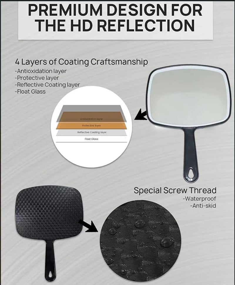 Handheld Mirror - Multi-Purpose Distortion-Free Reflection | Square Black 31x23cm for Salon & Hairdressing