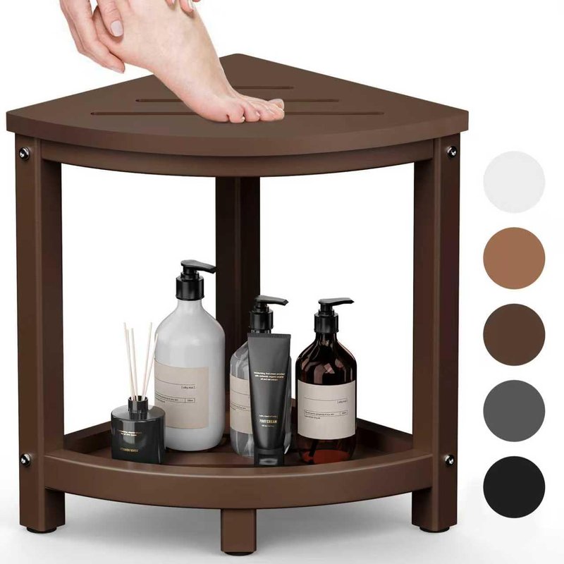 Shower Stool - Waterproof Corner Bench Seat with Baffle Storage Shelf | Indoor/Outdoor Use, Brown