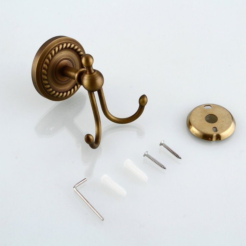 Kelelife Antique Brass Towel Hook, Screw-Mounted Shower Wall Hook, Wall-Mounted Bathroom Hook for Hanging Clothes & Robes, Vintage Brass Twist Series Long-Handle Double Hook