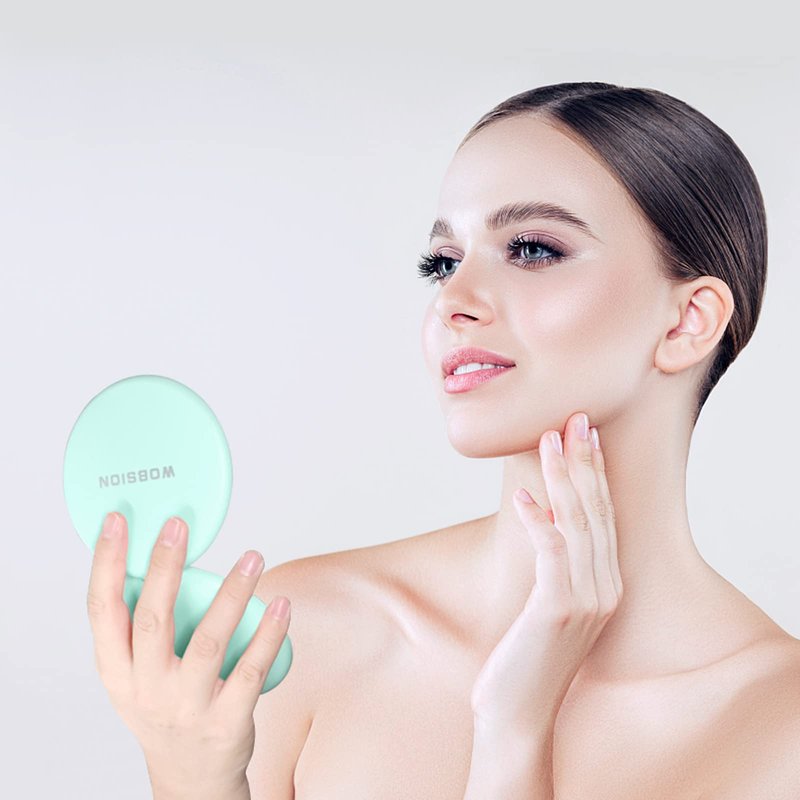 WOBSION LED Lighted Travel Makeup Mirror, 1x/10x Magnification, Compact, Portable for Handbag, Purse, Pocket, 3.5 inch Illuminated, Folding, Handheld, 2-Sided, Round, Cyan