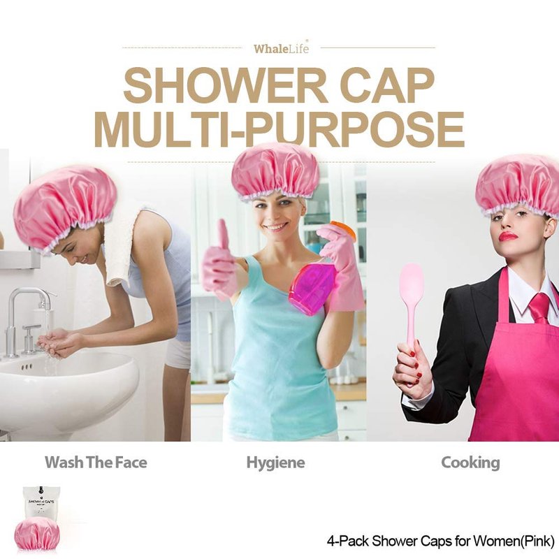 Shower Cap for Women Reusable Extra Large Shower Cap for Men (Pink 4 Pack Large) Satin Double Layer EVA Waterproof Long Hair Cap