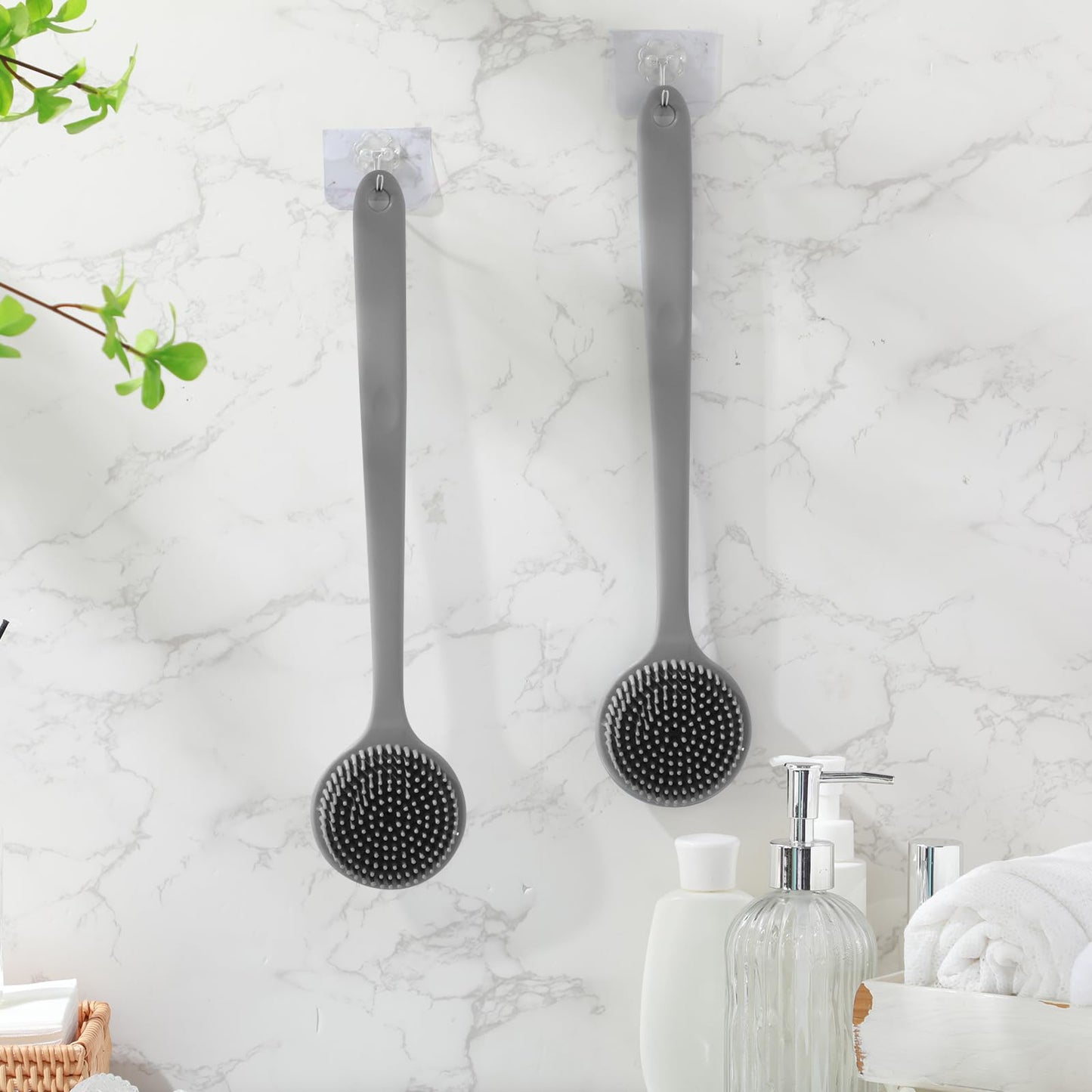 Sunnyray 2 Pack Silicone Back Scrubber for Shower with 15" Long Handle Double-Sided Bath Body Brush for Exfoliating Easy to Clean Quick Dry Deep Cleaning Lathers Well(Grey)