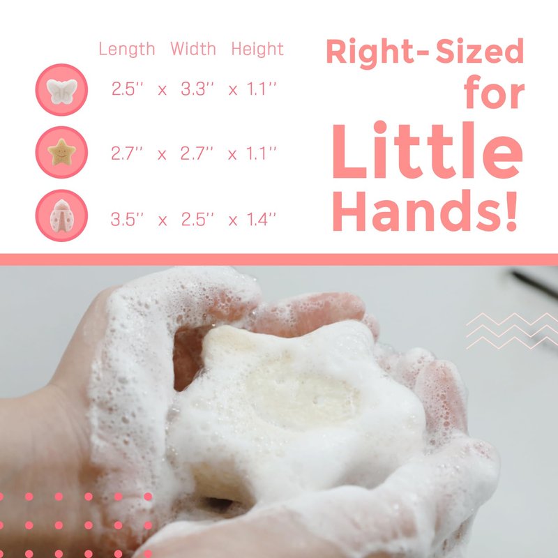 myHomeBody Konjac Baby Sponge for Bathing, Cute Shapes Natural Kids Bath loofah for Infants, Toddler, Newborns, Safe Plant-Based, 3pc. Set: Butterfly, Ladybug, Star