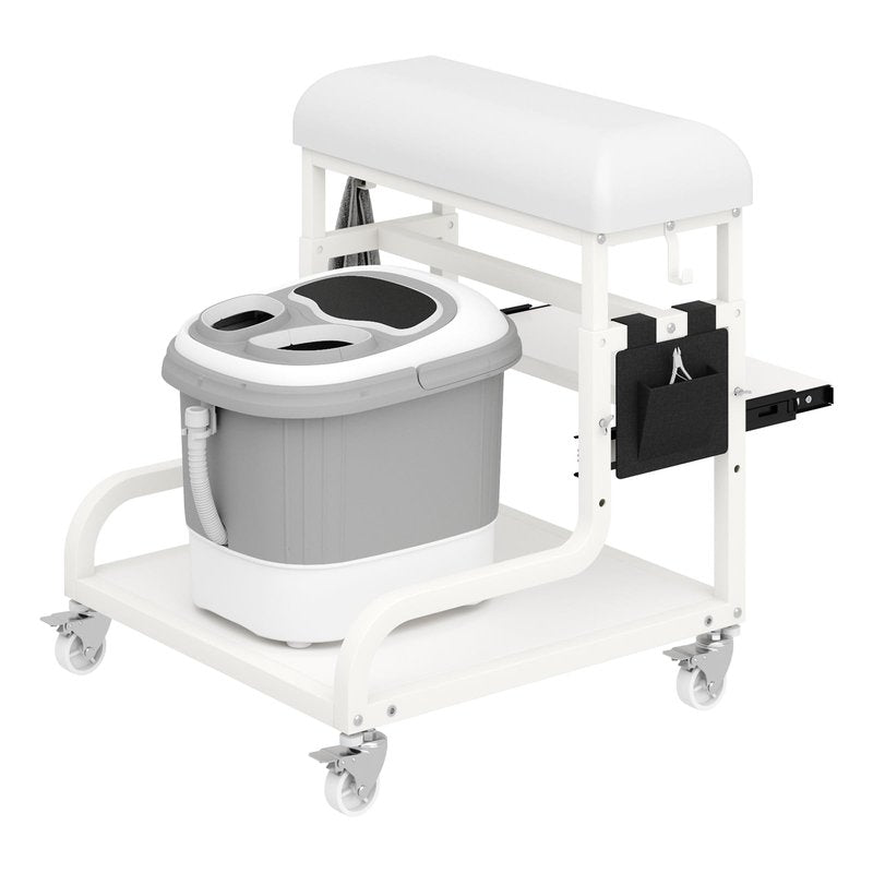 Adjustable Pedicure Foot Rest with 3-Level Height, PU Cushion, Storage & Locking Wheels, Mobile Pedicure Cart Foot Bath Trolley for Foot Bath, Salon & Spa (White)