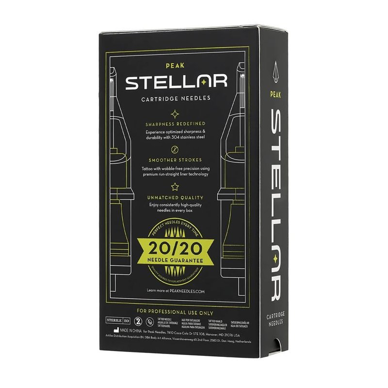 Peak Stellar Tattoo Cartridge Needles, Professional Premium Tattooing Supplies, Box of 20, #12 (.35mm) 9 Round Liner Medium Taper (3.0 mm)