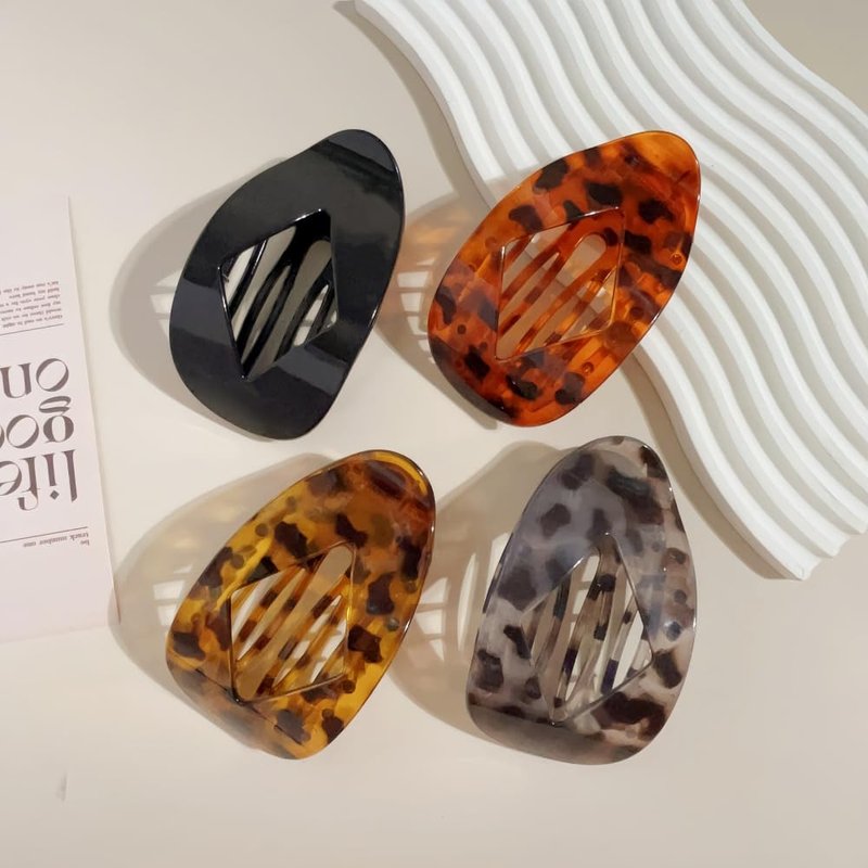 Rauimour 8PCS Flat Hair Clips for Women Girls,Large Strong Hold Ladies Hair Claw Clamp Barrettes for Lying Down Styling Accessories, Elegant 3.94" Medium Matte Neutral Leopard Color(Rhombus)