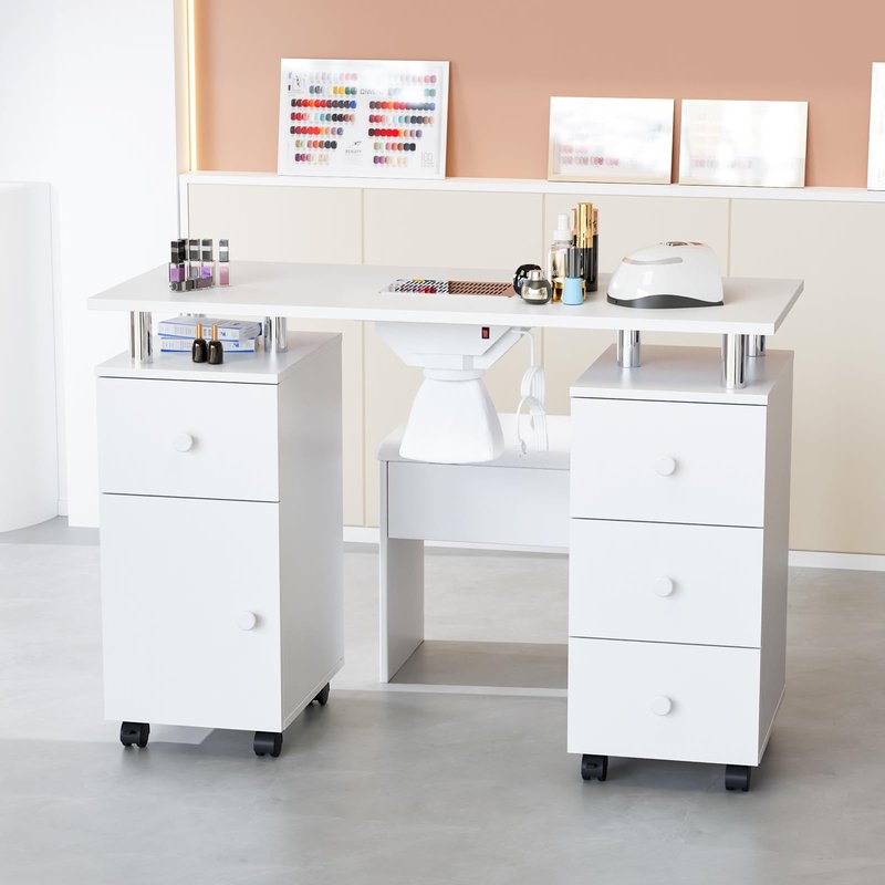 OmySalon Nail Desk and Chair Set, with Stool, Dust Collector, Arm Rest & Wheels, Acetone Resistant Desktop, Manicure Table Nail Table Station for Nail Tech w/Drawers Storage (White)