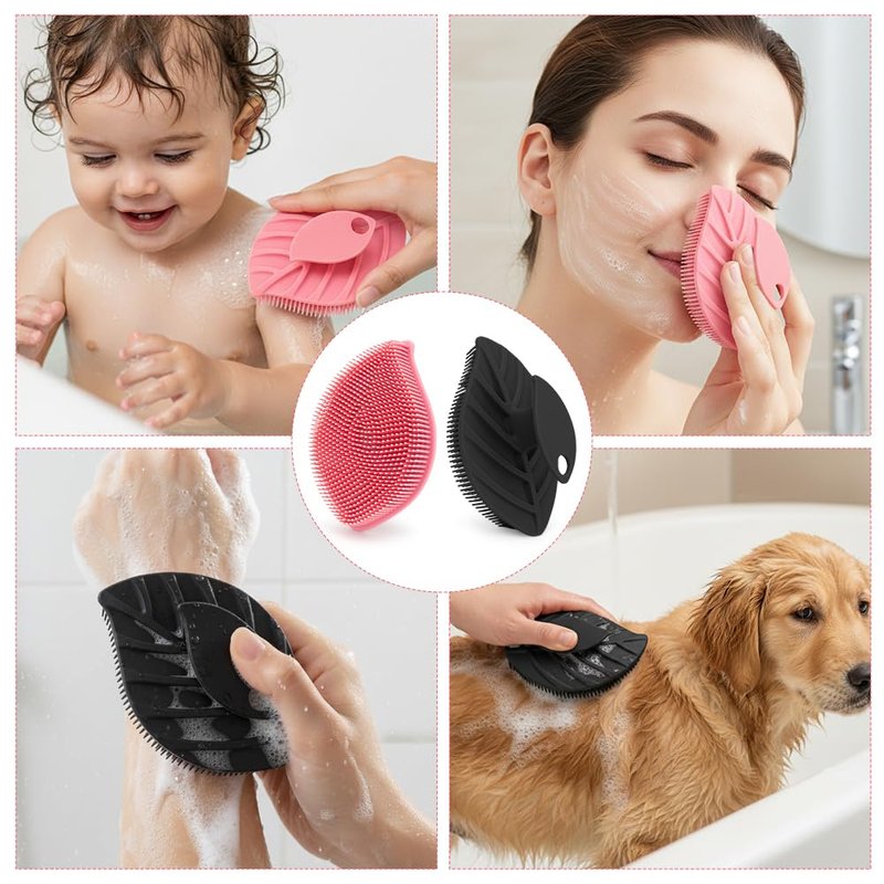 2 Pack Silicone Body Scrubber, Soft Silicone Loofah, Gentle Exfoliating Body Scrubber for Sensitive Skin, Leaf Shaped Shower Scrubbers, Silicone Scrubbers Body Brush for Women Men (Pink & Black)