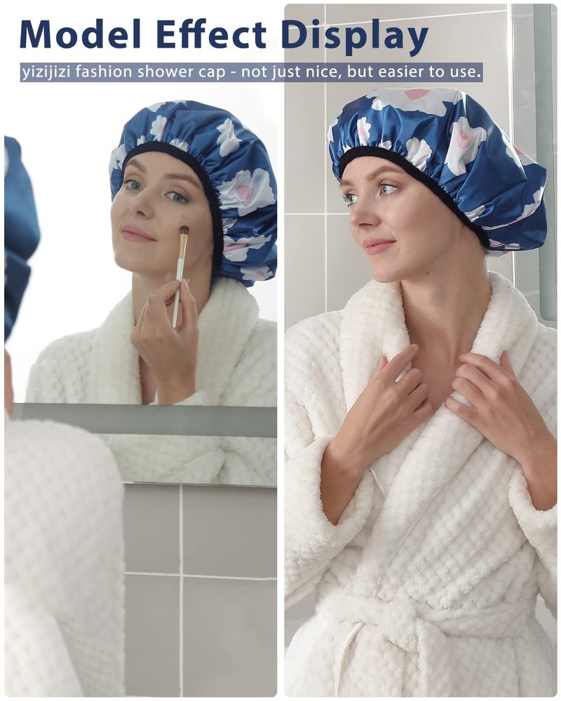 YIZIJIZI Terry Lined Shower Cap,Triple Layer Large Cap for Women,Shower Cap Reusable Waterproof,Long Thick Hair(Blue)