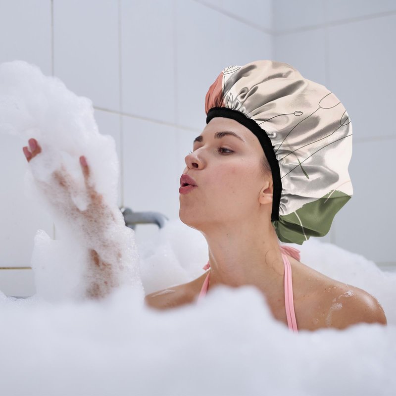Cabreche Luxury Shower Cap Terry Lined Reusable Triple Layer Waterproof Hair Elastic Caps Shower Bath Hat for Women Girls Cute Aesthetic-Color Block