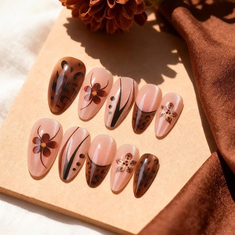 NXYCHIC 24Pcs Almond Press on Nails - Rose Gold Mirror Chrome & Leopard Print Fake Nails, Glossy Metallic French Tip Glue on Nails Kit with Jelly Glue, File & Wood Stick