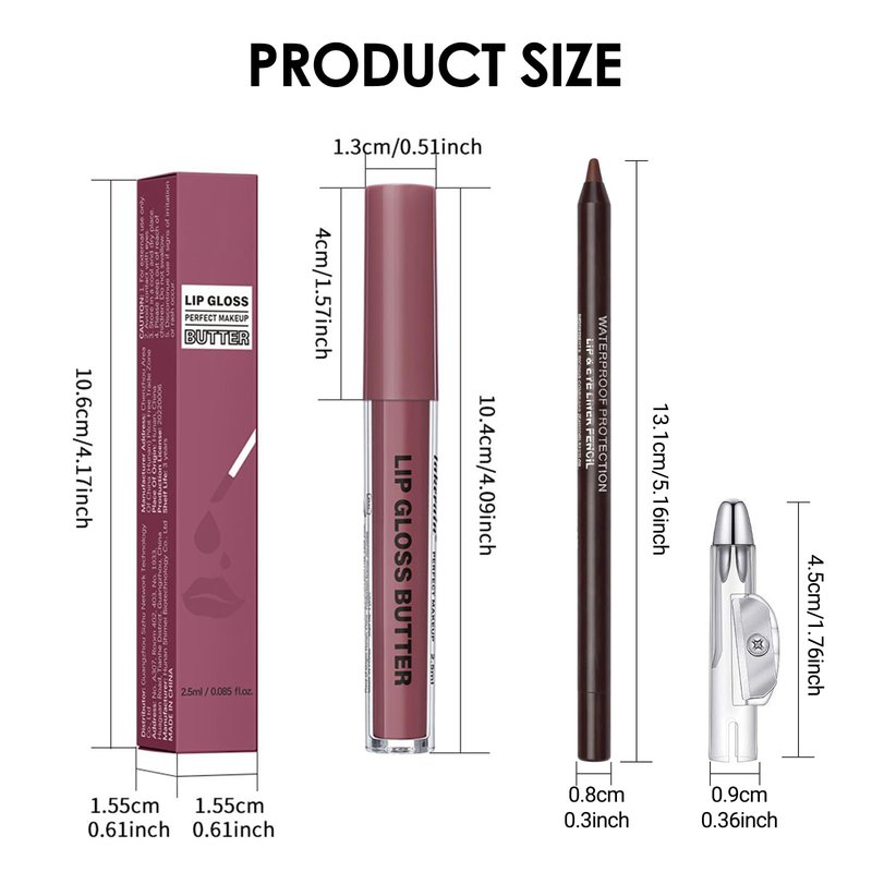 Erinde Lip Liner and Gloss Set, 2 Colors Nourishing Lip Gloss & Brown Lip Liner Combo Sets, Non-Sticky Plumping Lip Kit for Women, Lightweight Long Wear, Natural Nude Tinted Lip Glow Oil, SET B