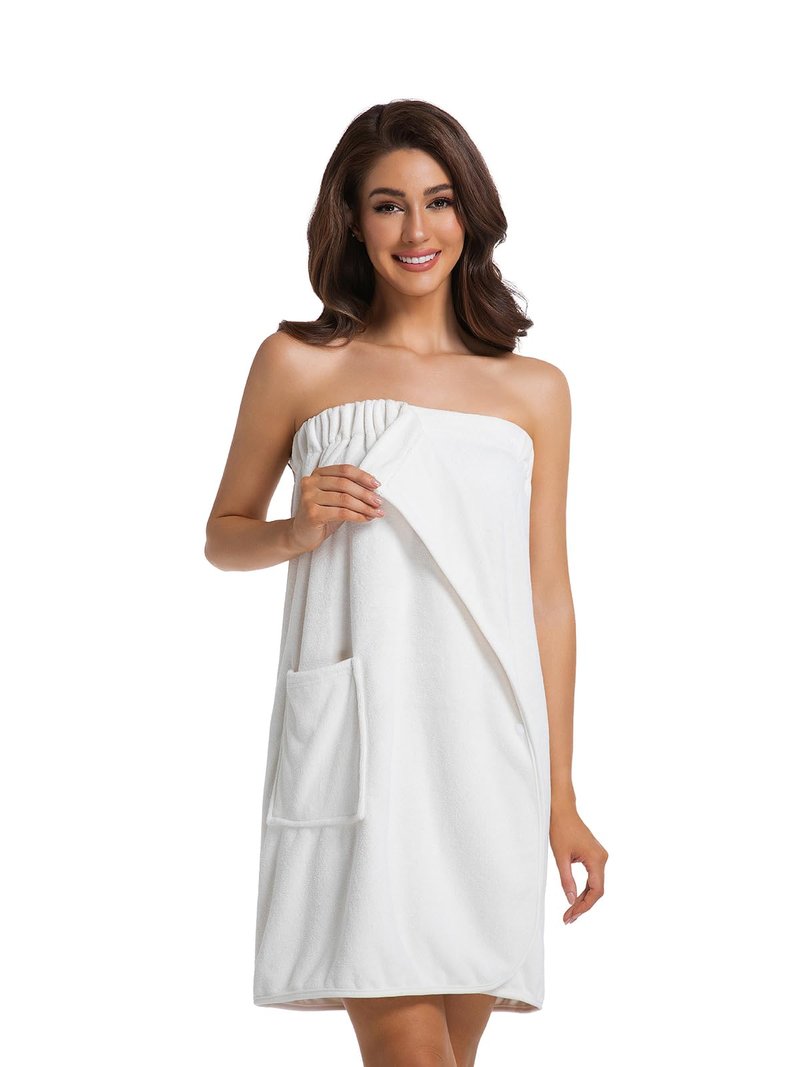 GUODDS Womens Towel Wrap Bath Robe Lightweight Spa Body Wrap Shower Adjustable Snap Closure White XL