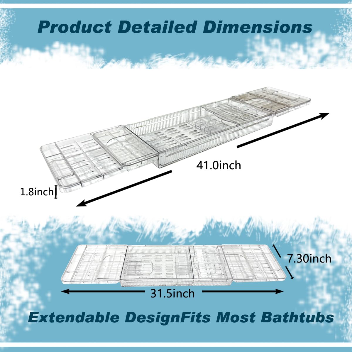 lizeisadi Large Capacity Adjustable Bath Tub Tray - Transparent Acrylic Rectangular Modern Bathroom Tray - Easy Clean, Sturdy Durability - Fits Most Bathtubs (Extended Edition)