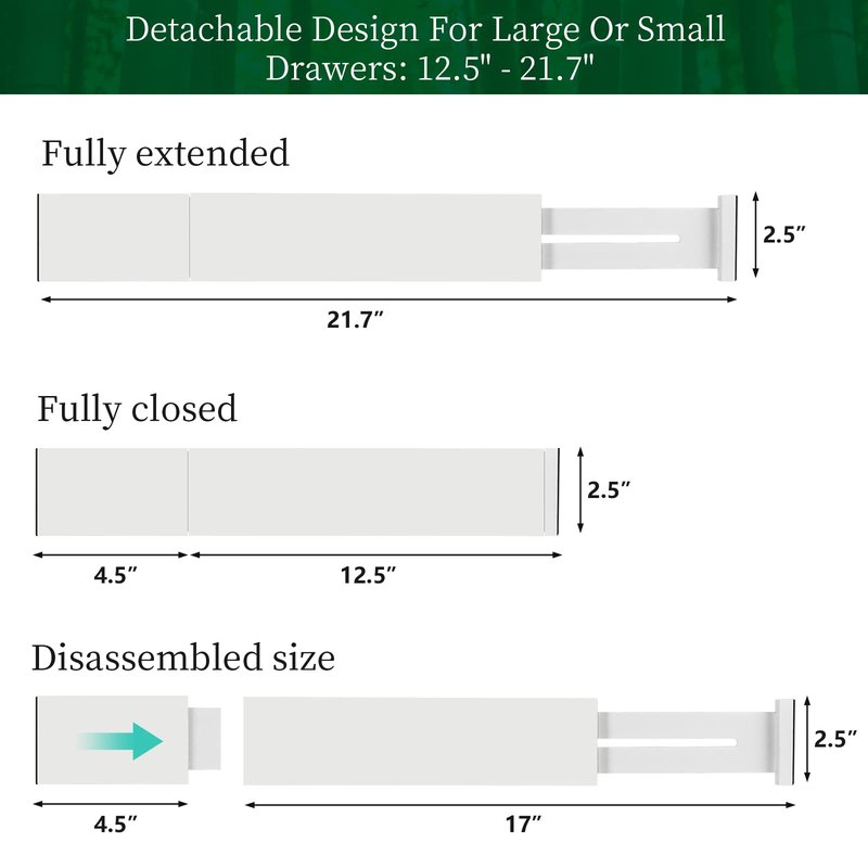 4 Pack Bamboo Drawer Dividers Organizer with Inserts 2.6'' High, Expandable from 12.5-21.7", Adjustable Drawer Organizer Separators for Utensils, Clothing, Office, Dresser, Bedroom, (White)