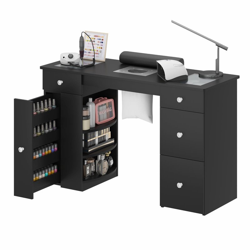 Manicure Table for Nail Tech with Glass Top, Visible Drawers & Trash Bag Holder, Acetone-Resistant Manicure Nail Desk, Beauty Salon Workstation with Wrist Rest & Electric Dust Collector (Black)