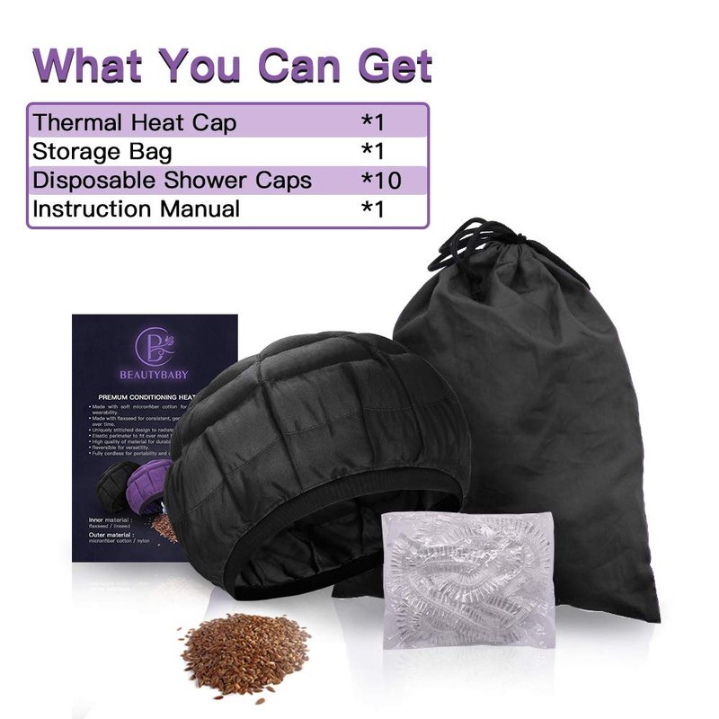 Beautybaby Cordless Deep Conditioning Heat Cap, Microwavable Treatment Steaming Heat Cap for Thermal Spa Curly Hair, 100% Natural Cotton Flaxseed Seed Interior