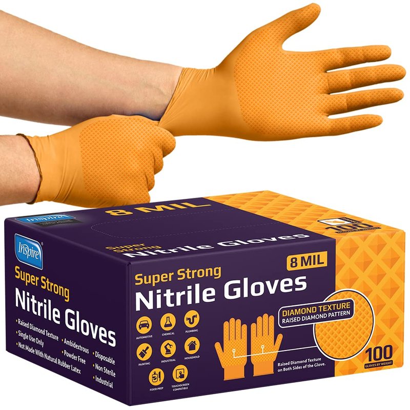 Inspire Heavy Duty Orange Nitrile Gloves Disposable Latex Free | ULTRA 8 Mil Diamond Textured Grip Disposable Cleaning Gloves | Industrial Mechanic Food Large, 100 Count