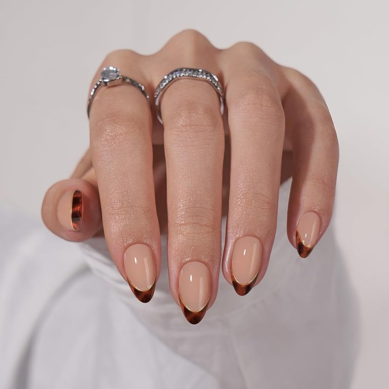 Press On Nails - Short Almond Tortoise Shell | Winter French Tip Soft Gel Fake Nails, 16 Sizes, 32 Stick-On Kit