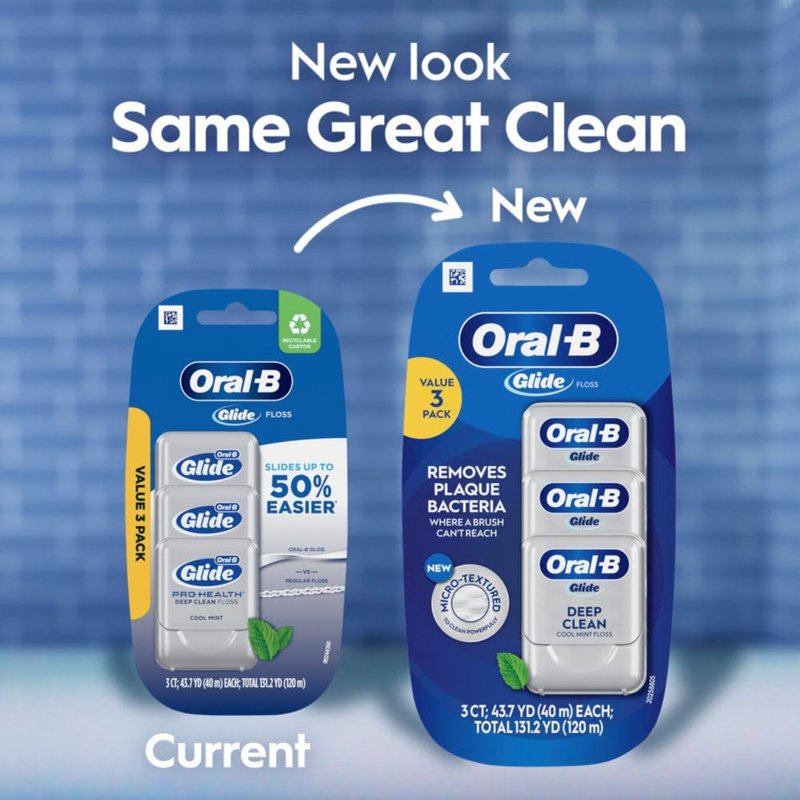 Oral-B Glide Deep Clean Dental Floss, Cool Mint, 3 Pack (131.2 YD Total) - Shred-Resistant Smooth Dental Tape for Tight Spaces