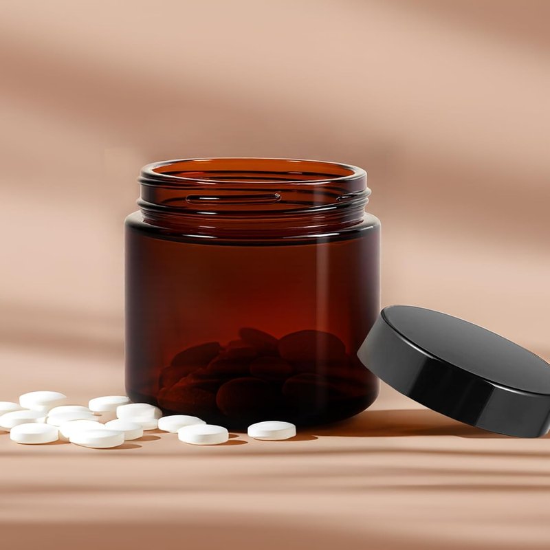 11 Hoa Kinh Amber Glass Jars - 2oz Round Airtight Cosmetic Containers with Black Lids | 40 Pack