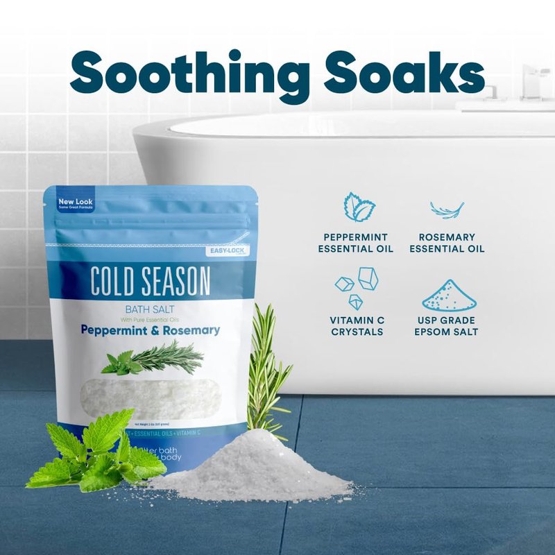 Cold Season Bath Salt 32 Ounces (2 Lbs) USP Grade Epsom Salt with Natural Rosemary and Peppermint Pure Essential Oils Plus Vitamin C in BPA Free Pouch with Easy Press Lock Seal Made in USA