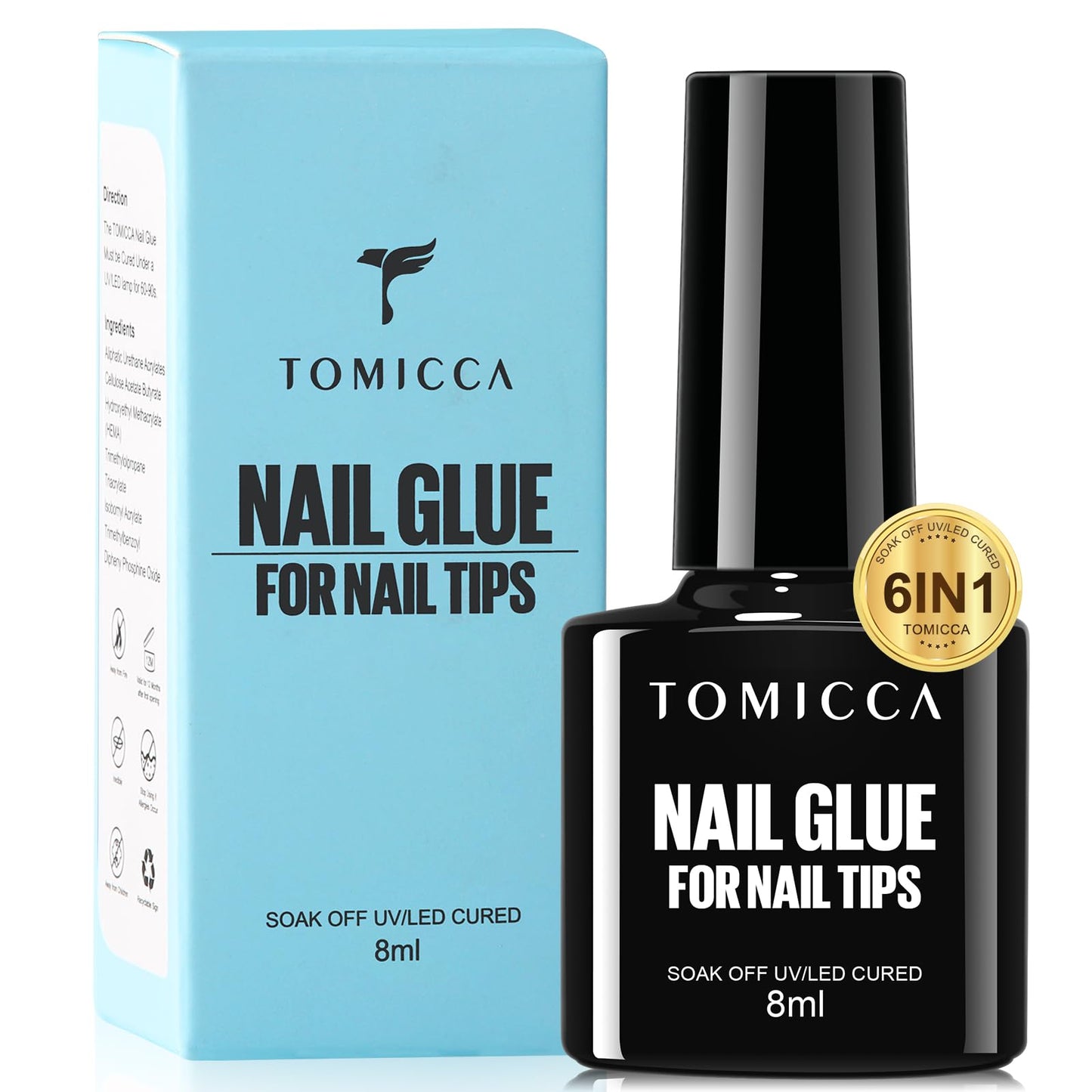 TOMICCA 6 in 1 Brush On Nail Glue for Press Ons 8ml Strong Gel Nail Glue for Nail Tips Lamp Curing Needed UV, DIY Home Salon Use