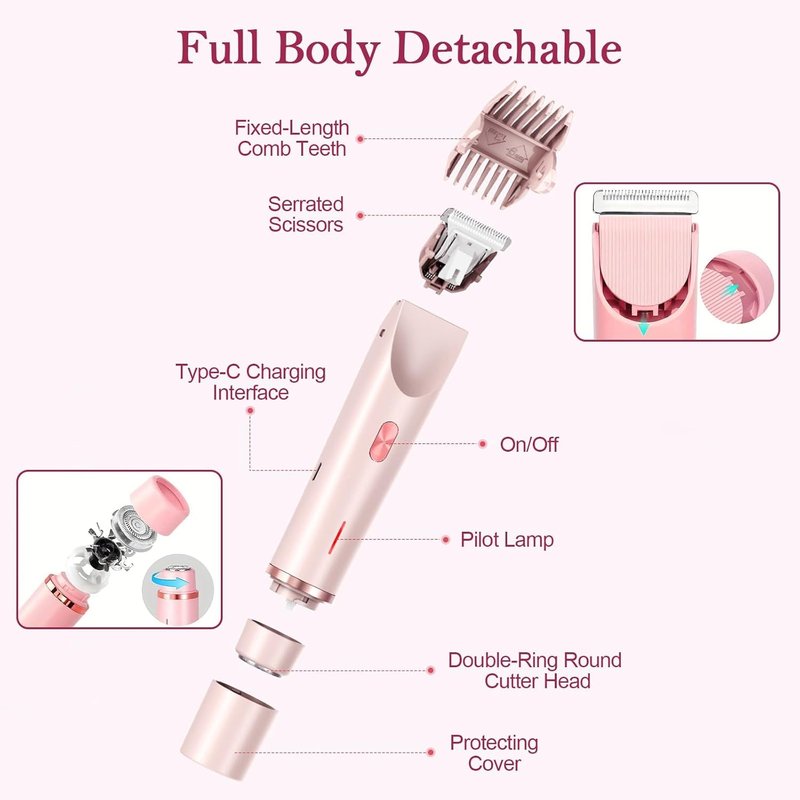 Bikini Trimmer for Women, 2-in-1 Dual Head Shaver Women, IPX7 Waterproof Gentle Electric Razors for Sensitive Areas, Cordless Hair Removal for Shower & Travel, Holiday Gift (Pink)