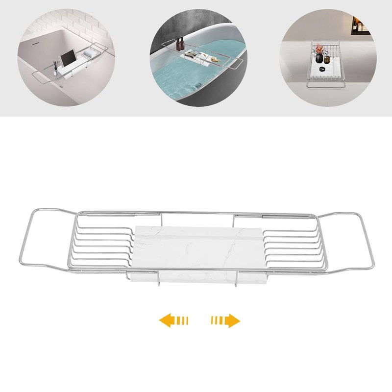 Expandable Bathtub Tray, Stainless Steel Bath Table Tray with Marble Board, Modern Luxury Bathtub Shelf for Bathrooms, Kitchen Sink (Silver+White)