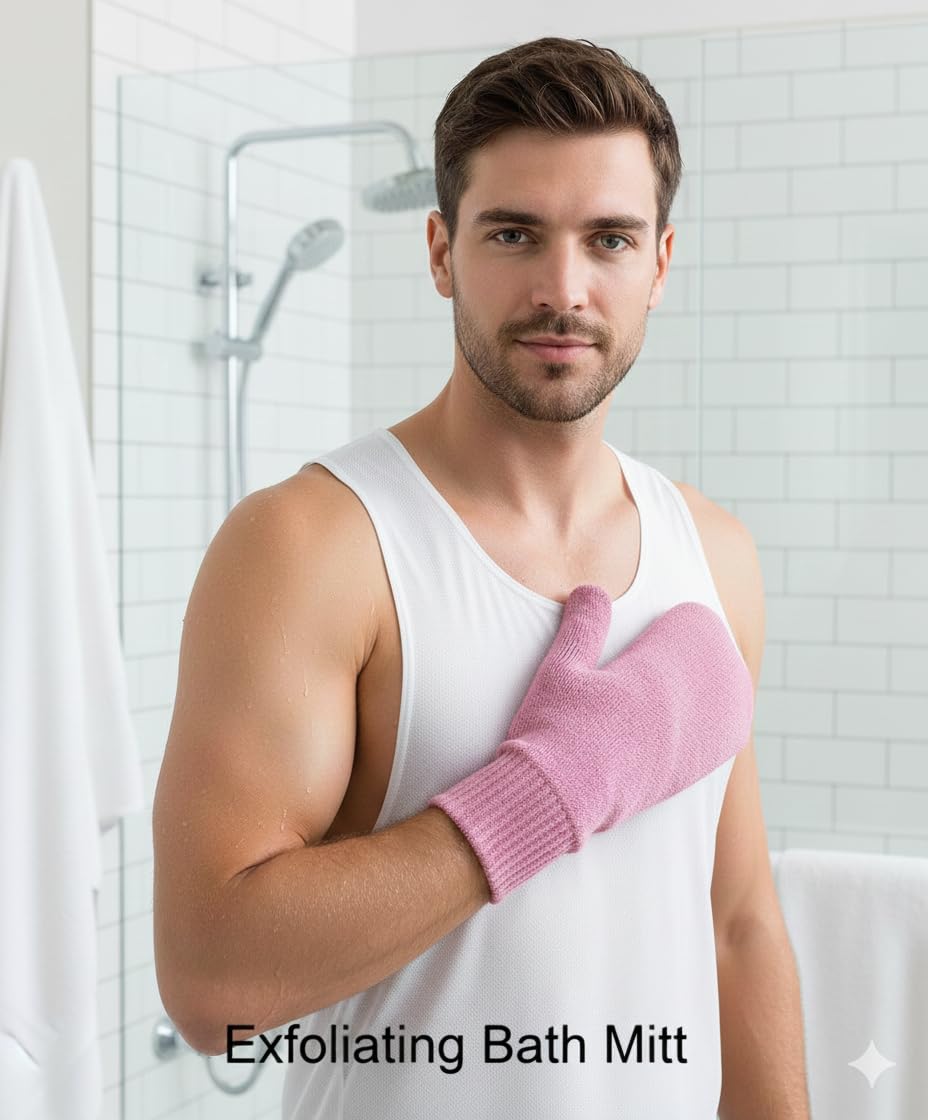 Korean Exfoliating Bath Mitt, Natural Cotton Body Scrubbing Glove with Birch Extract, Shower Wash Mitt for Full Body Cleansing, Easy Grip Bath Scrubber for Men & Women