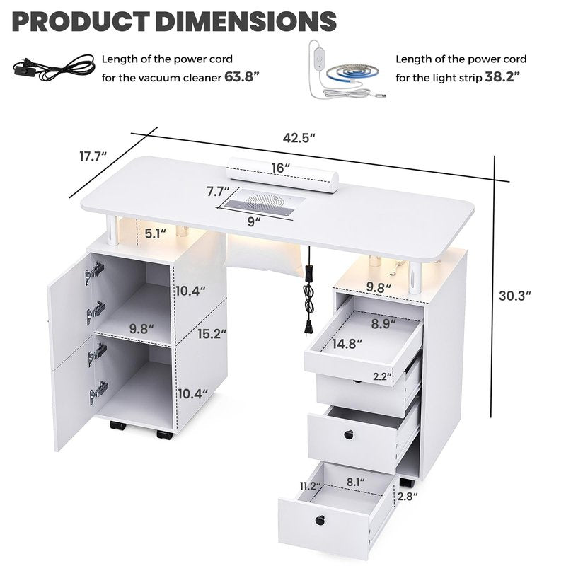 Oakvera Nail Tech Table with Dust Collector & LED Light, Rolling Manicure Desk with Storage Drawers & Cabinets, Lockable Wheels, Acetone-Resistant Beauty Workstation for Salon, Home (White)