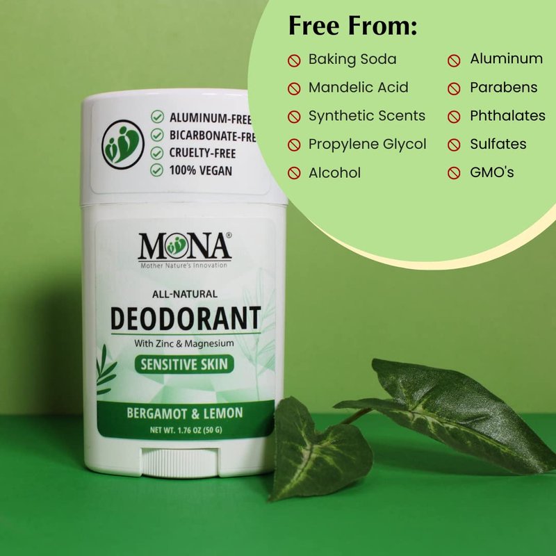 MONA BRANDS All Natural Deodorant For Women & Men | For Sensitive Skin | No Aluminum or Baking Soda | (BERGAMOT LEMON 1.76 Oz)