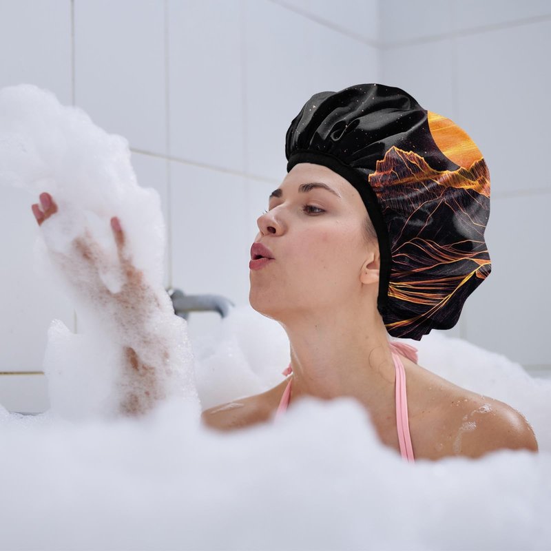 Cabreche Luxury Shower Cap Terry Lined Reusable Triple Layer Waterproof Hair Elastic Caps Shower Bath Hat for Women Girls Cute Aesthetic-Sunset