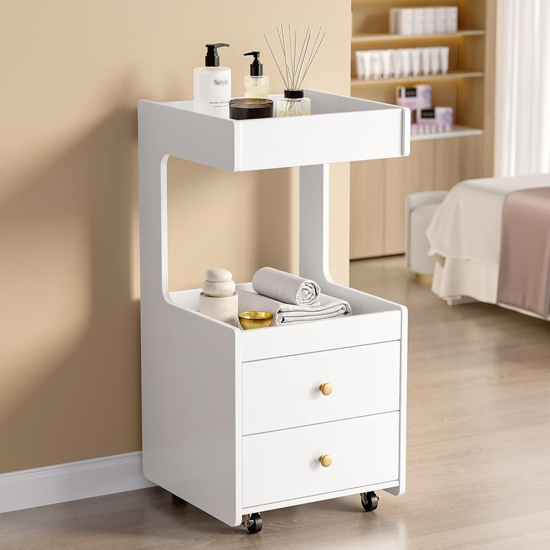 OmySalon Salon Trolley Cart, Esthetician Cart with Wheels, Hair Styling Station with 2 Drawers, 1 Open Shelf, Mobile Storage Cabinet Utility Trolley for Beauty Salon Spa, White