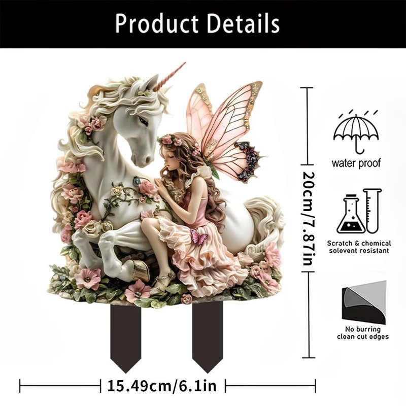 Fairy and Unicorn Acrylic Garden Stake, Indoor and Outdoor Garden Acrylic Decoration, Suitable for Flower Pots and Landscape Beautification, Suitable for Courtyards and Lawn