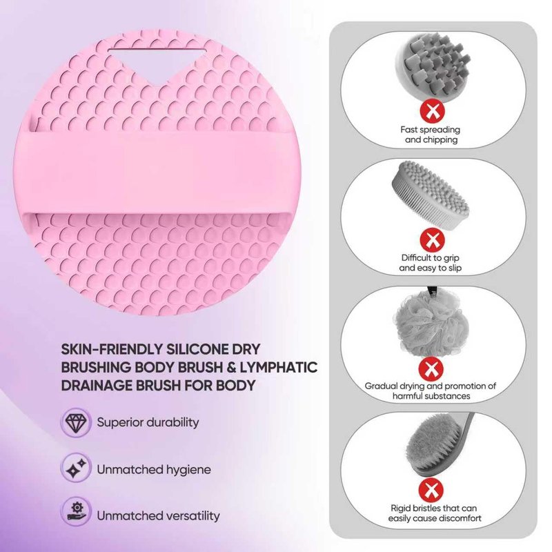 XCRUCC Silicone Body Scrubber - Anti Zinc Infused- Stiff & Soft Bristles Exfoliating Body Scrubber for Shower Body,Unblock Blood Circulation,Lymphatic Drainage - Pink