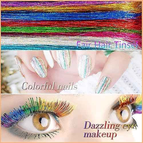 Hair Tinsel Kit (48 Inch,12 Colors, 3800 strands), Fairy Tinsel Hair Extensions with Tools - Glitter Hair Tinsel Heat Resistant Accessories for Girls Women Kids Christmas New Year Halloween Cosplay