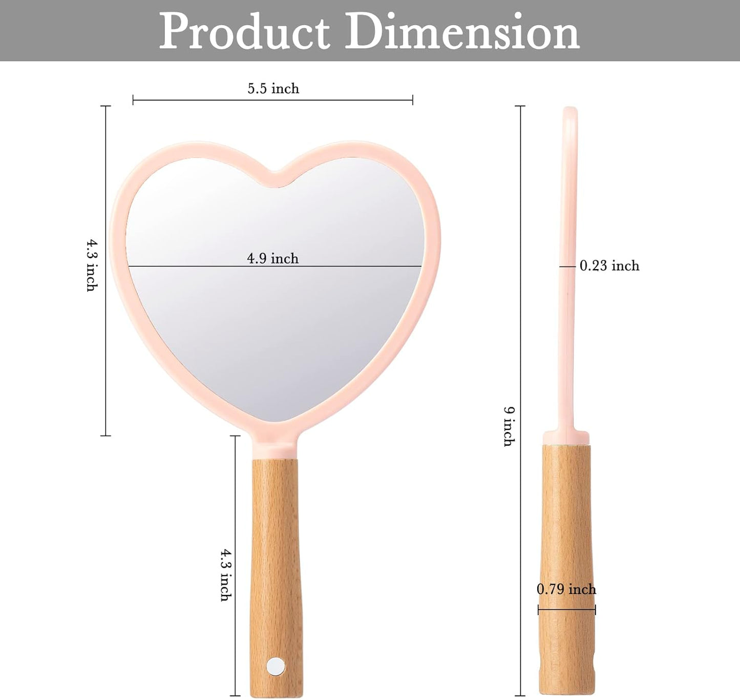 YEAKE Hand Held Mirror with Handle for Makeup,Small Cute Wood Hand Mirror for Shaving with Hole Hanging Single-Sided Portable Travel Vanity Mirror for Men&Women(Heart,Pink,1Pack)