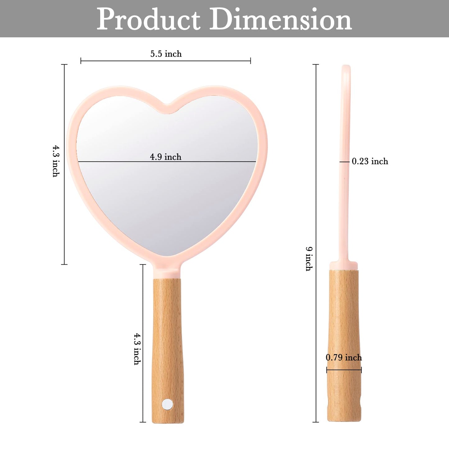 YEAKE Hand Held Mirror with Handle for Makeup,Small Cute Wood Hand Mirror for Shaving with Hole Hanging Single-Sided Portable Travel Vanity Mirror for Men&Women(Heart,Pink,1Pack)