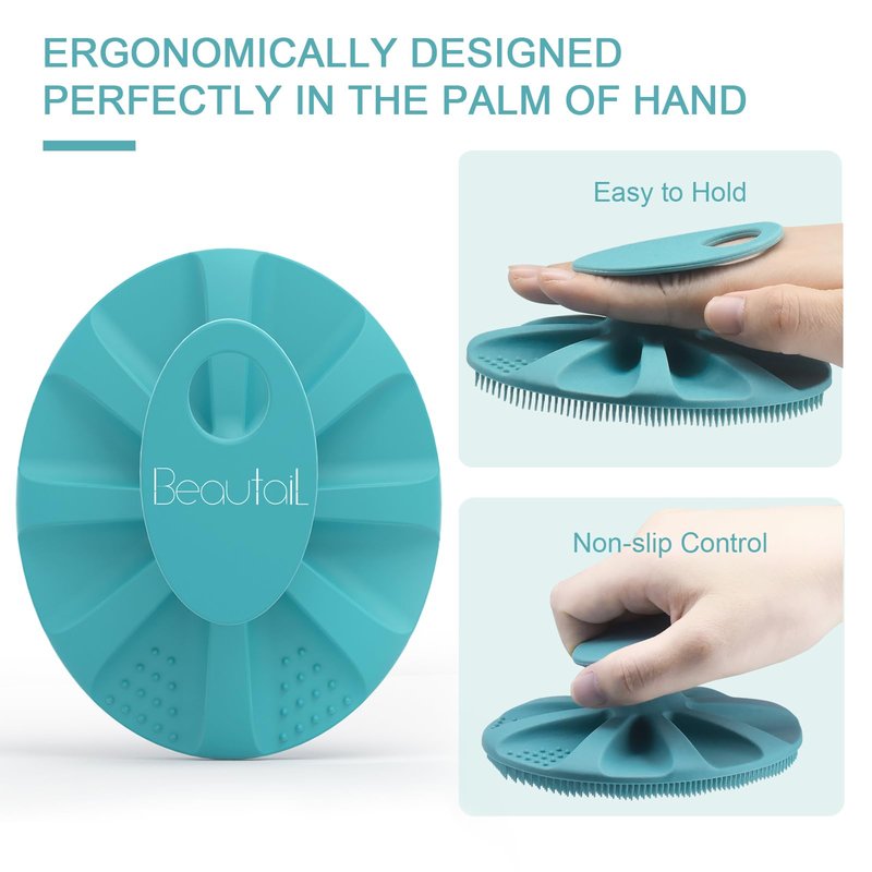 BEAUTAIL Silicone Body Scrubber Shower Bath Wash Brush Gentle Exfoliating Scrub Cleansing Loofah for Women Men Baby Sensitive Skin, Easy to Clean, Lather Nicely, More Hygienic, 1 Pack, Cyan