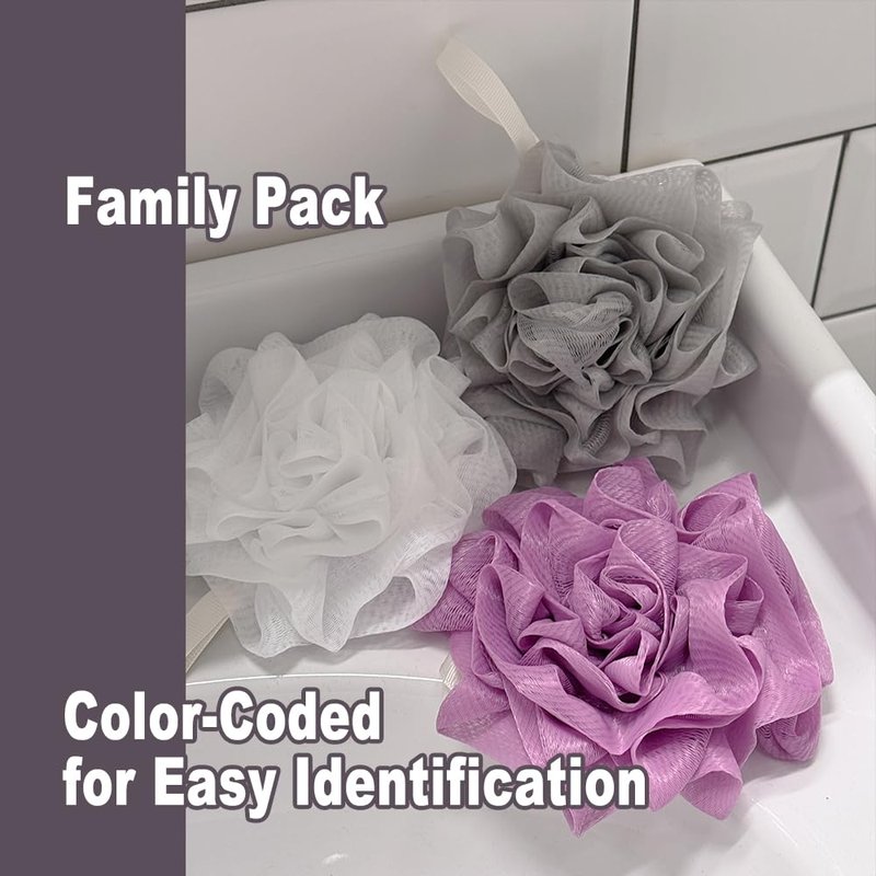 3 Pack Bath Loofah Shower with Soap Bags, Dual-Use Exfoliating Bath Sponges Soap Saver for Women & Men, Gentle Body Scrubber (White, Gray, Purple)